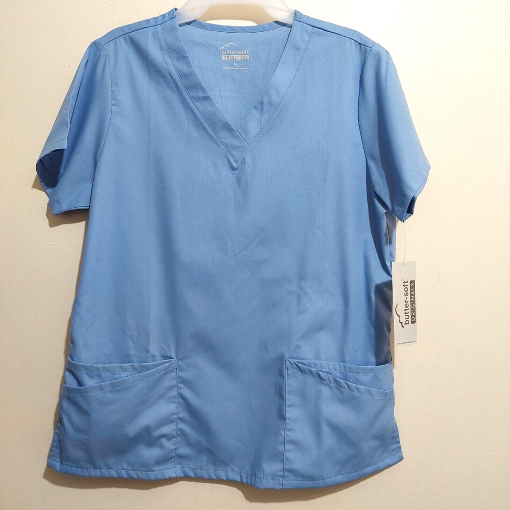 Butter Soft Originals Womens Med Uniform Scrub Top Blue Double Pockets Slimming